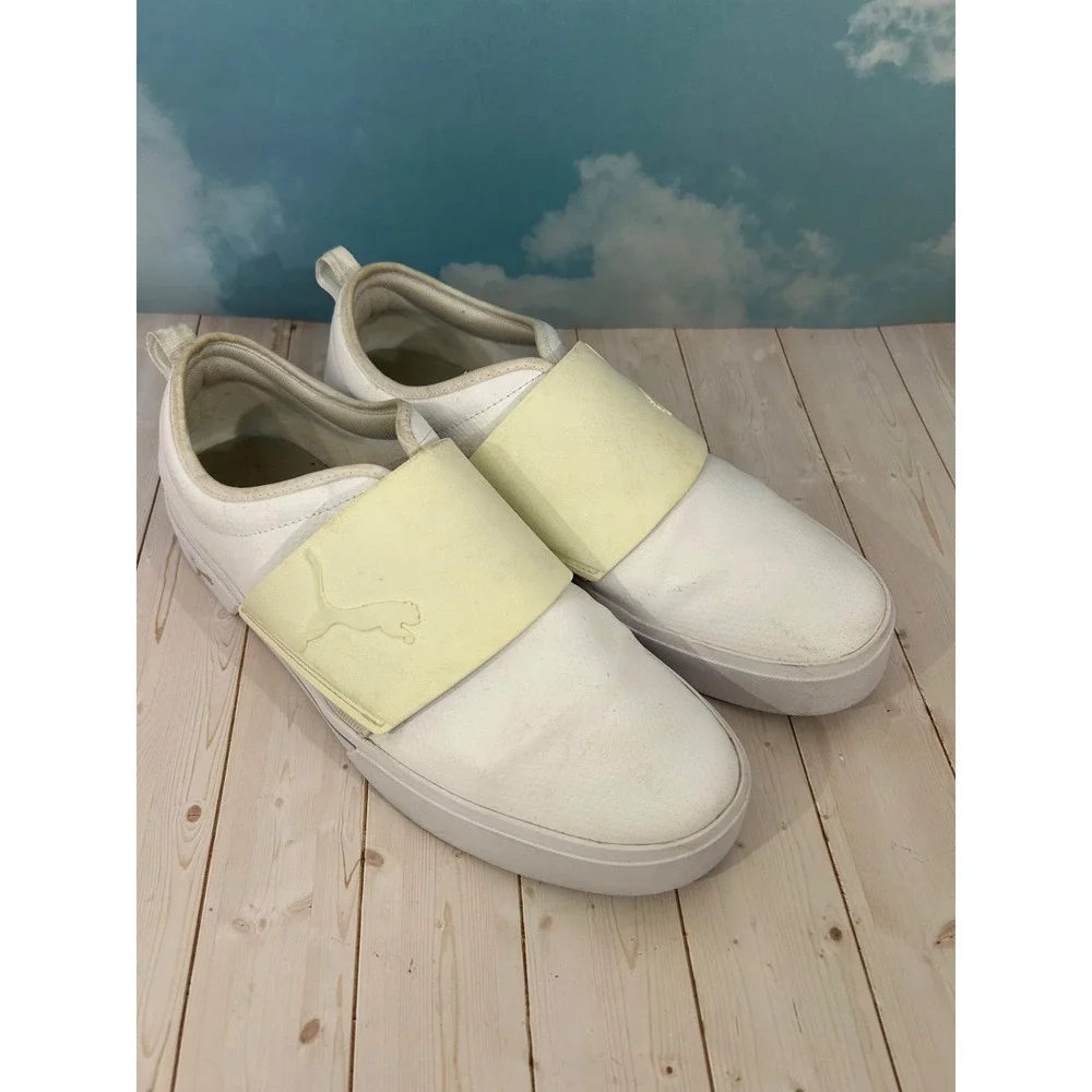 PUMA El Rey II All White Yellow Strap‎ Leather Sneakers Size 13